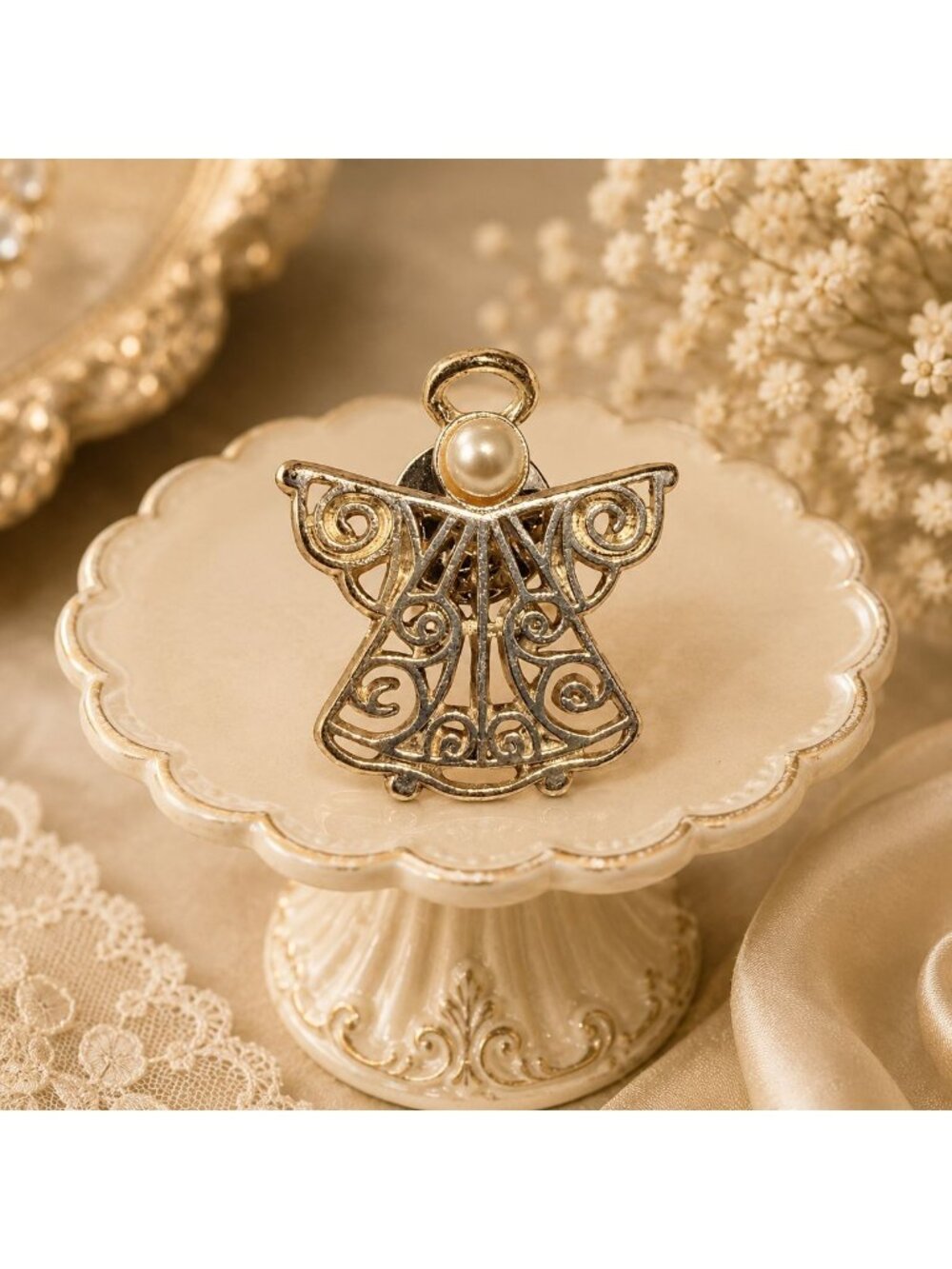 Vintage Gold Tone Filigree Angel Pin Faux Pearl Religious Brooch 1 Inch